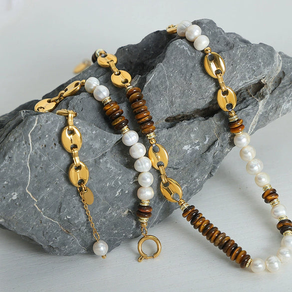 Jewelry 316L Stainless Steel Freshwater Pearl Tiger Eye Stone Pig Nose Chain Necklace Bracelet Suit Electroplated Simple Natural Unisex