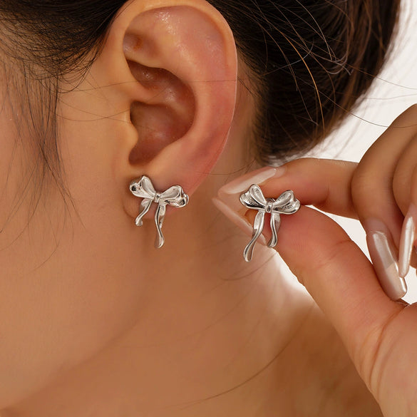 Jewelry 316L Stainless Steel Geometric Bow Gold Plated Earrings For Women