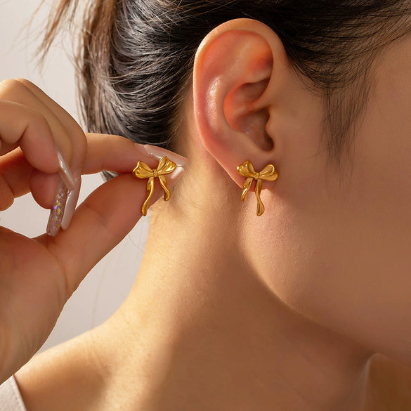 Jewelry 316L Stainless Steel Geometric Bow Gold Plated Earrings For Women
