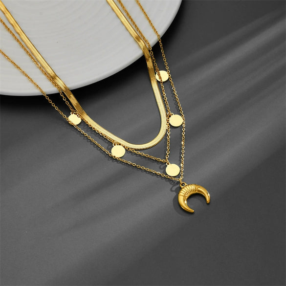 Jewelry Titanium Steel Geometric Horn Pendant Multi Layer Round Bead Box Chain Necklace Cartoon Style Vacuum Electroplated In Furnace Unisex