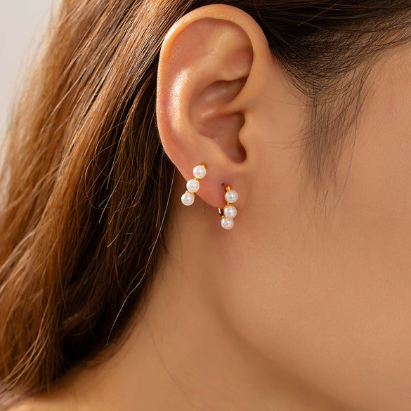 Jewelry 316L Stainless Steel Geometric Inlaid Bead Gold Plated Ushaped Ear Clip For Women