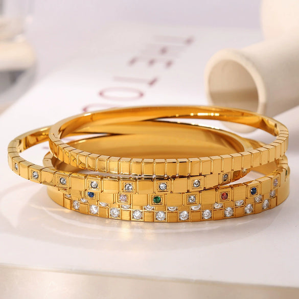 Jewelry 316L Stainless Steel Geometric Square Plaid Stripe Round Diamond Color Gold Plated Bracelet