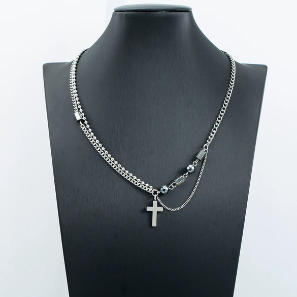Jewelry Titanium Steel Geometric Stitching Beaded Cross Men's Necklace Polishing
