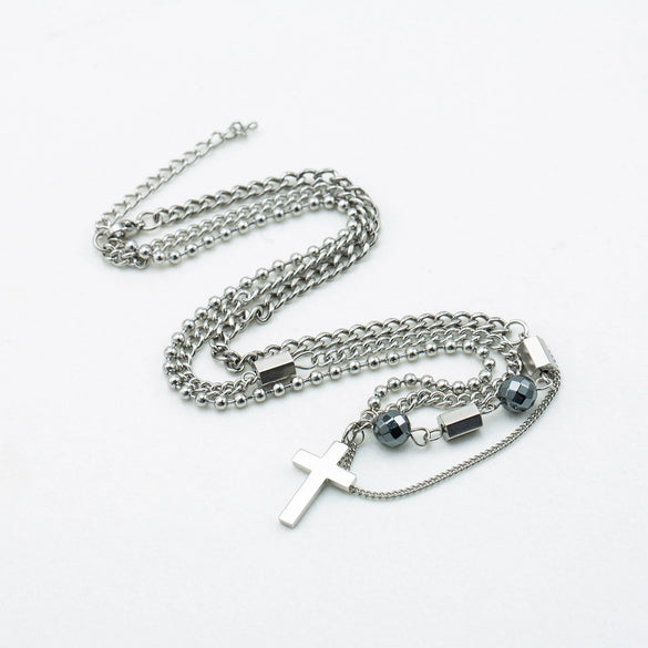 Jewelry Titanium Steel Geometric Stitching Beaded Cross Men's Necklace Polishing