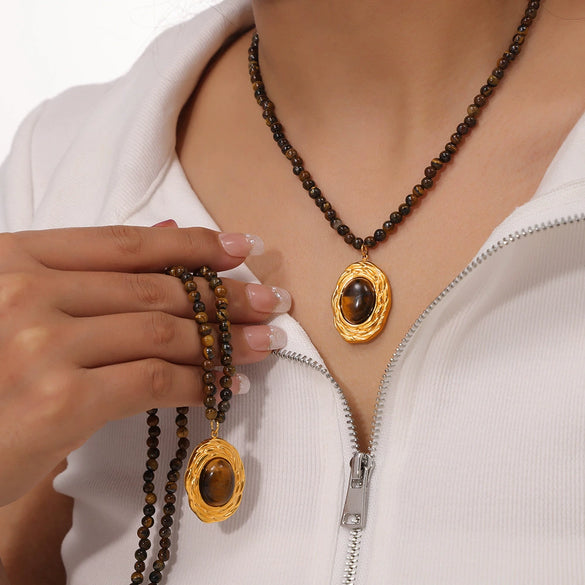 Jewelry 316L Stainless Steel Gold Plated Geometric Beaded Tiger Eye Vintage Elegant Necklace