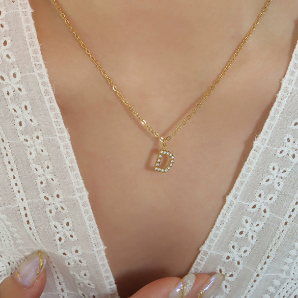 Jewelry 316L Stainless Steel Gold Plated Letter Diamond Pendant Necklace For Women