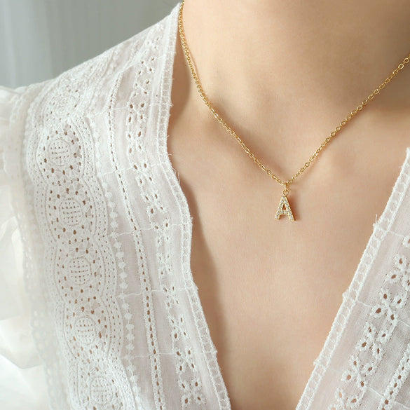 Jewelry 316L Stainless Steel Gold Plated Letter Diamond Pendant Necklace For Women