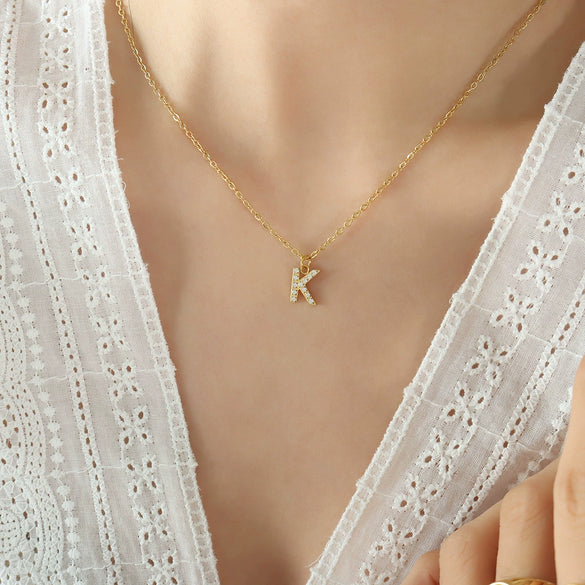 Jewelry 316L Stainless Steel Gold Plated Letter Diamond Pendant Necklace For Women