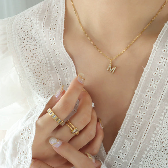 Jewelry 316L Stainless Steel Gold Plated Letter Diamond Pendant Necklace For Women