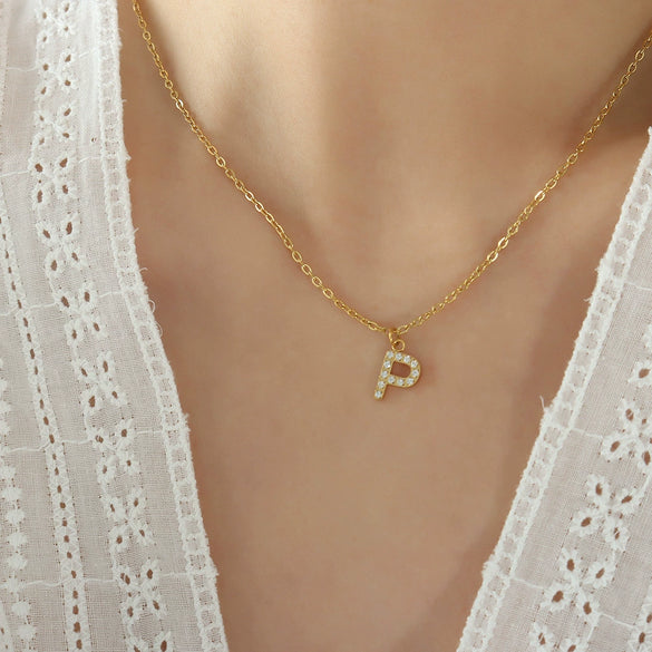 Jewelry 316L Stainless Steel Gold Plated Letter Diamond Pendant Necklace For Women
