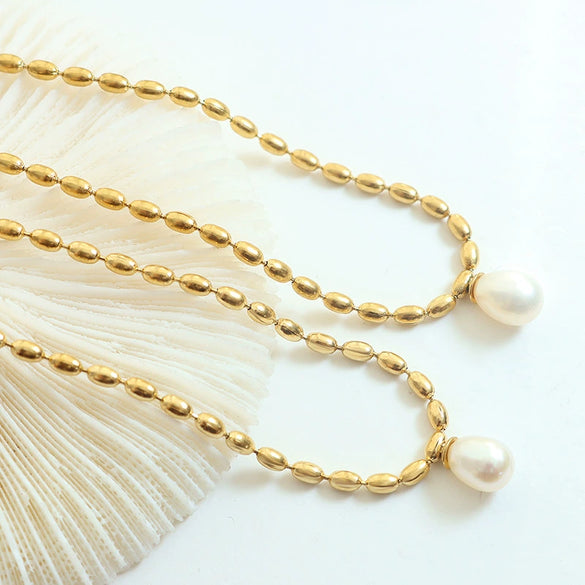 Jewelry 316L Stainless Steel Gold Plated Oval Bead Chain Freshwater Pearl Pendant Geometric Style