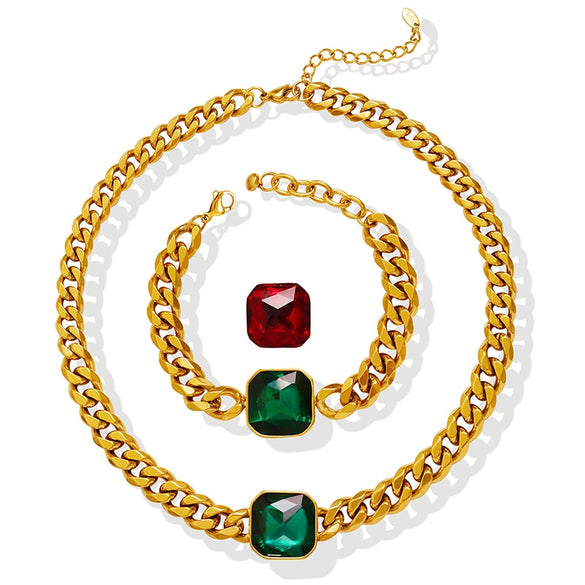 Jewelry 316L Stainless Steel Goldplated Exaggerated Crystal Necklace And Bracelet With Cuban Chain Electroplating Style