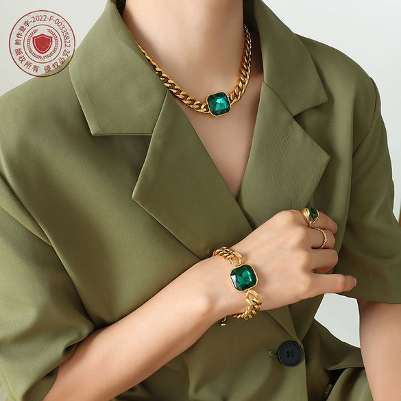 Jewelry 316L Stainless Steel Goldplated Exaggerated Crystal Necklace And Bracelet With Cuban Chain Electroplating Style