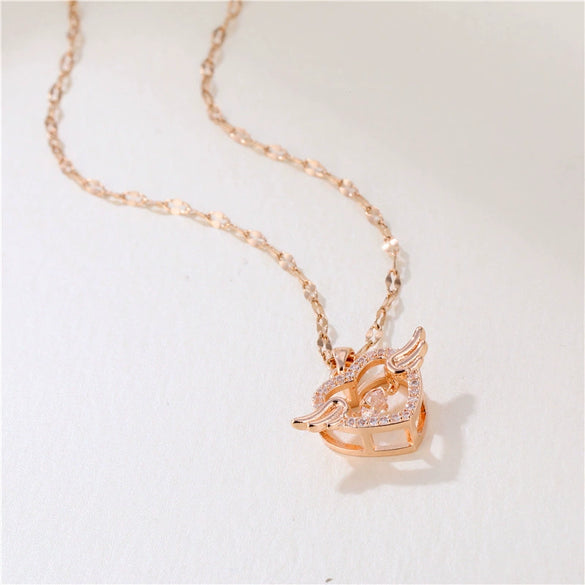Jewelry Titanium Steel Heartshaped Angel Wings Necklace With Diamond Design