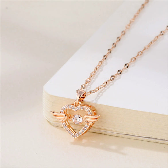 Jewelry Titanium Steel Heartshaped Angel Wings Necklace With Diamond Design