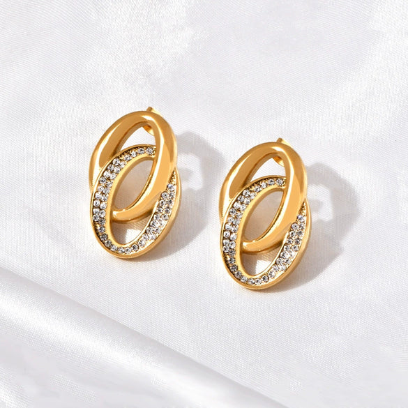 Jewelry Titanium Steel 18K Gold Plated Casting Oshaped Double Ring Buckle Micro Set Women's Earrings