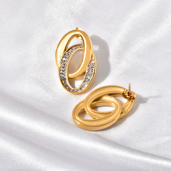 Jewelry Titanium Steel 18K Gold Plated Casting Oshaped Double Ring Buckle Micro Set Women's Earrings