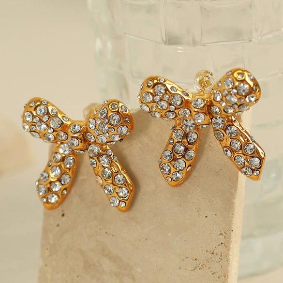 Jewelry 316L Stainless Steel 18K Gold Plated Pearl Zircon Bow Earrings Fashion Retro