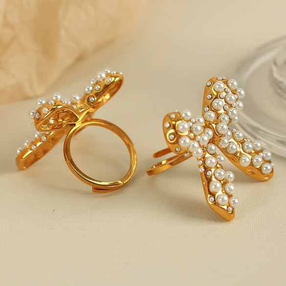 Jewelry 316L Stainless Steel 18K Gold Plated Pearl Zircon Bow Earrings Fashion Retro