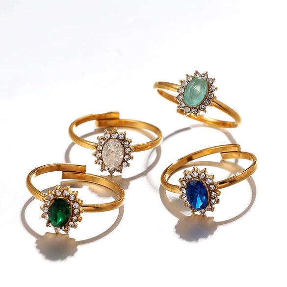 Jewelry 316L Stainless Steel Oval Vintage Imitation Caibao Emerald Ring For Women Electroplating