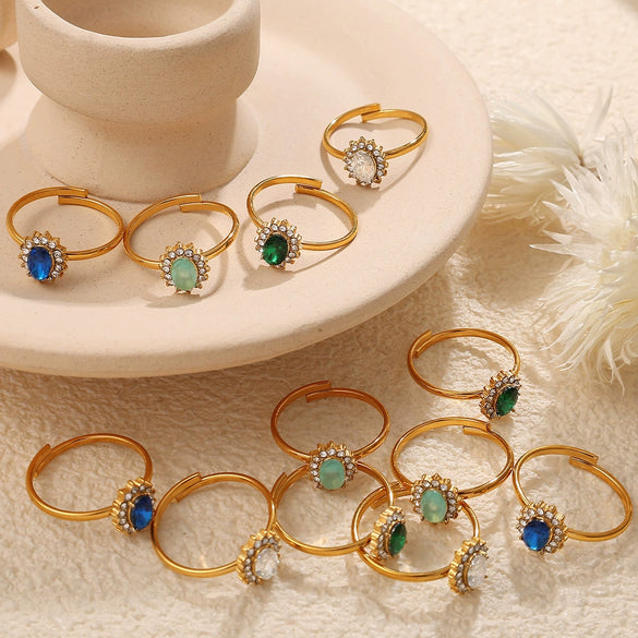 Jewelry 316L Stainless Steel Oval Vintage Imitation Caibao Emerald Ring For Women Electroplating