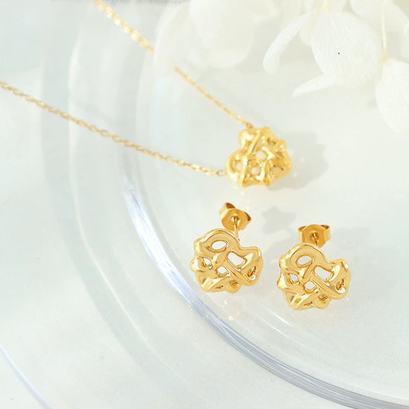 Jewelry 316L Stainless Steel Peach Heart Pendant Necklace And Earrings Wind Pattern 18K Gold Plated