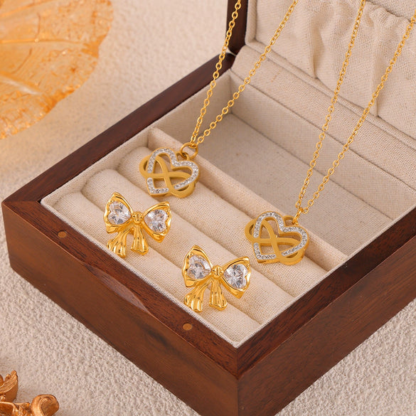 Jewelry 316L Stainless Steel Retro Chain Style Electroplating Pendant Necklace And Bow Earrings Suit