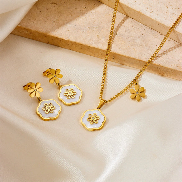 Jewelry Titanium Steel Shell Flower Pattern Necklace Bracelet Earrings For Women