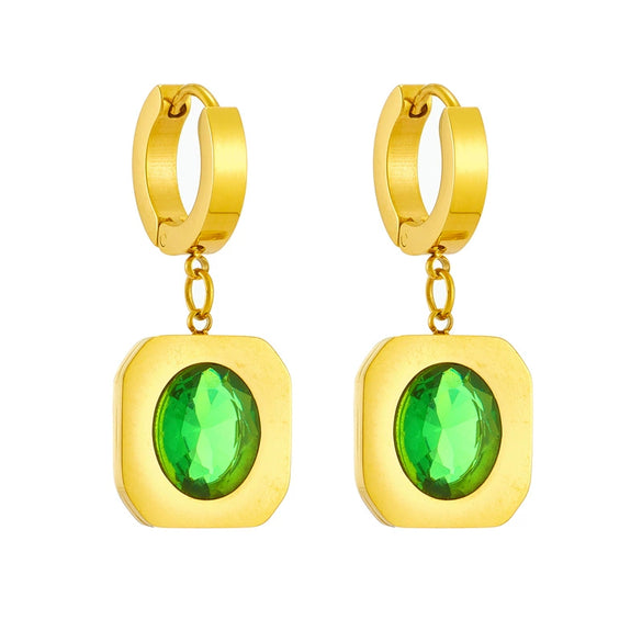 Jewelry Titanium Steel Square Pendant Earrings Retro Green Cut Crystal Geometric Electroplating Style For Women