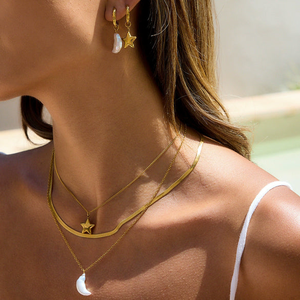 Jewelry Titanium Steel Stainless Steel Multilayer Necklace And Earrings With Stars Moon Electroplating Minimalist Style