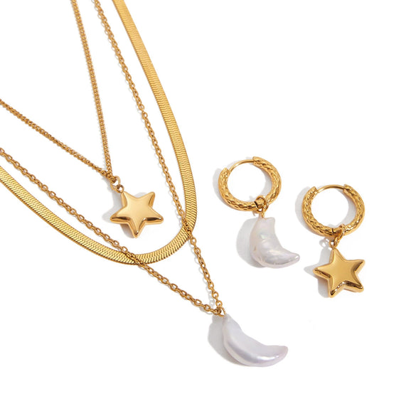 Jewelry Titanium Steel Stainless Steel Multilayer Necklace And Earrings With Stars Moon Electroplating Minimalist Style