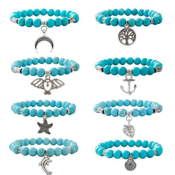 Jewelry Turquoise Beaded Stretchy Rope Bracelet Handmade With Tree Of Life Pendant For Women