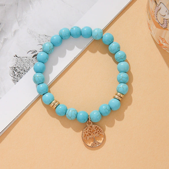 Jewelry Turquoise Beaded Stretchy Rope Bracelet Handmade With Tree Of Life Pendant For Women