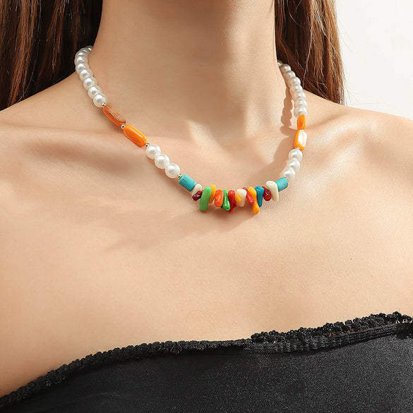 Jewelry Turquoise Pearl Handmade Geometric Pendant Ball Chain Necklace For Women
