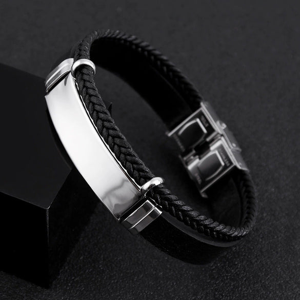 Jewelry Twist Woven Leather Stainless Steel Bracelet Engraved Electroplated