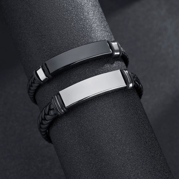 Jewelry Twist Woven Leather Stainless Steel Bracelet Engraved Electroplated
