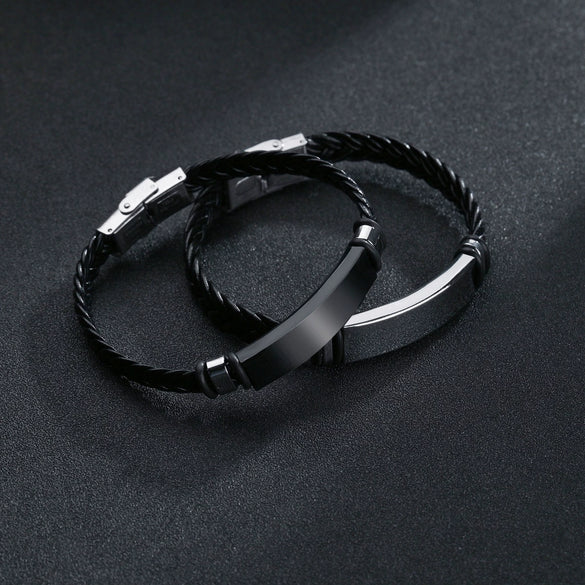 Jewelry Twist Woven Leather Stainless Steel Bracelet Engraved Electroplated