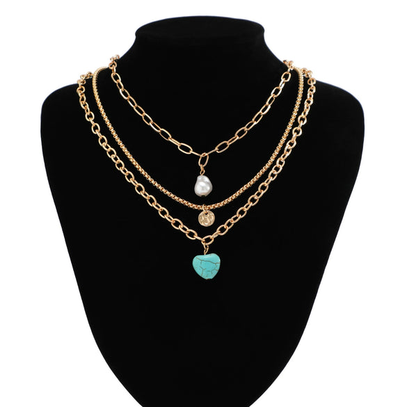 Jewelry Vintage Baroque Imitation Pearl Alloy Heart Shaped Geometric Cross Chain Necklace For Women