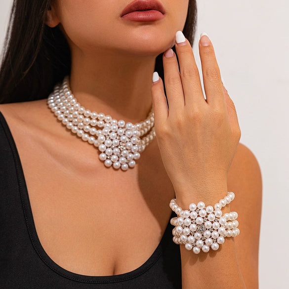 Jewelry Vintage Stitching Multi Layer Imitation Pearl Necklace Geometric Style Electroplated For Women
