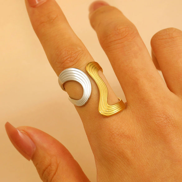 Jewelry Water Wave Open Hydraulic Ring Titanium Steel Color Block Geometric Electroplated Unisex