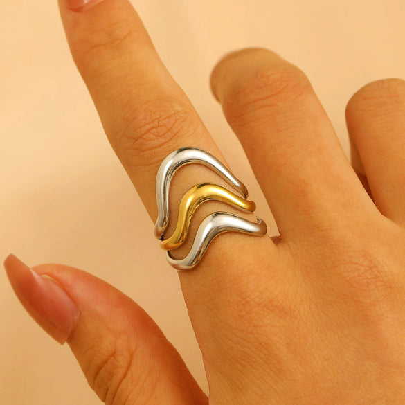 Jewelry Water Wave Open Hydraulic Ring Titanium Steel Color Block Geometric Electroplated Unisex