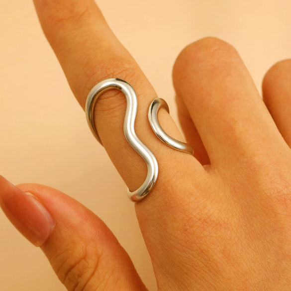 Jewelry Water Wave Open Hydraulic Ring Titanium Steel Color Block Geometric Electroplated Unisex