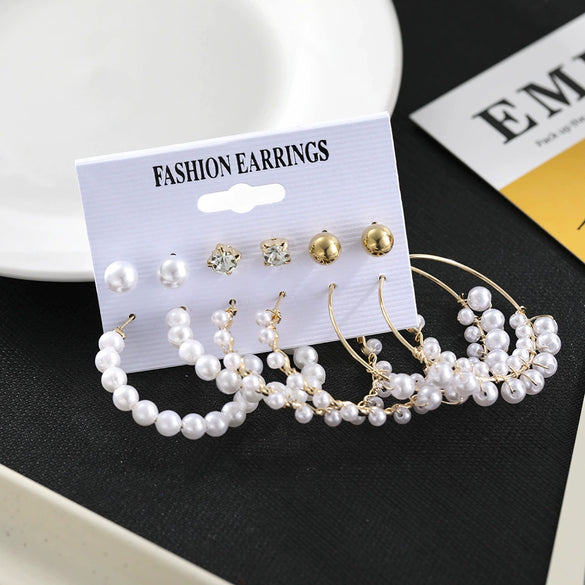 Jewelry White Pearl Geometric Star Rhinestone Metal Earrings Set With Heart Design