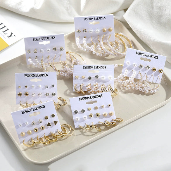 Jewelry White Pearl Geometric Star Rhinestone Metal Earrings Set With Heart Design