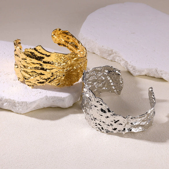 Jewelry Wide Bracelet Iron Gold Platinum Steel Color Geometric Electroplated Irregular Texture Open Fashion Personality