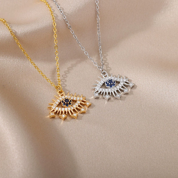 Jewelry Women's Clavicle Chain Copper Gold Plated With Blue Eye Pendant Devil's Eye Cross Chain
