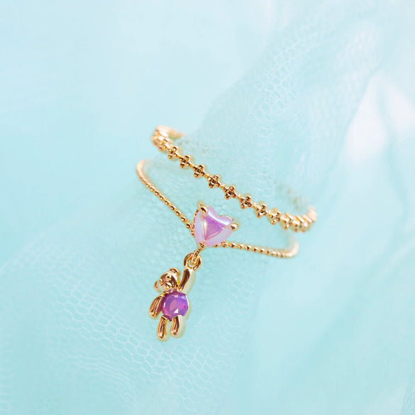 Jewelry Women's Colorful Zircon Ring With Bear Heart Flower Butterfly Fruit Pattern Environmental Protection Copper Real Gold Plated Electroplating