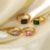 Jewelry Women's Retro Rectangular Emerald Pink Zircon Stainless Steel Geometric Ring Electroplated