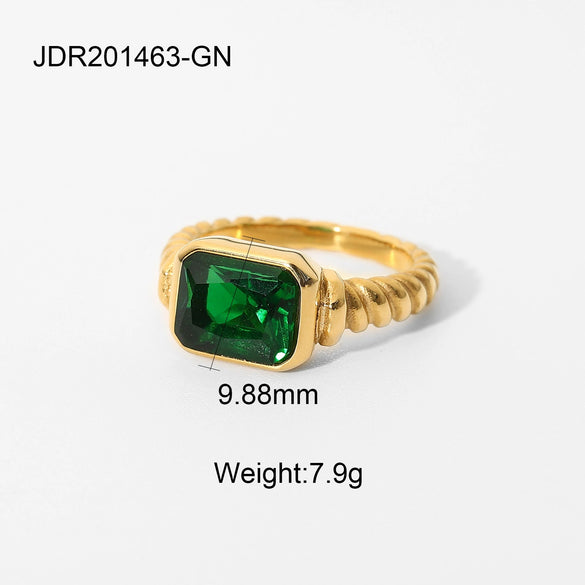 Jewelry Women's Retro Rectangular Emerald Pink Zircon Stainless Steel Geometric Ring Electroplated