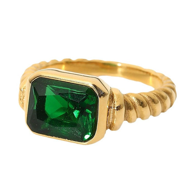 Jewelry Women's Retro Rectangular Emerald Pink Zircon Stainless Steel Geometric Ring Electroplated